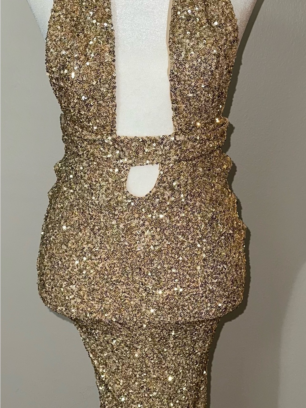 Oh Polly Gold Sequin Deep V Cutout Evening Dress